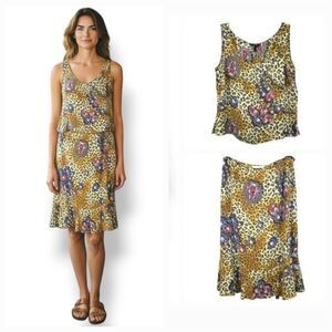 Vintage Escada 100% Silk Leopard & Diamond Print Camisole Tank & Skirt Set Sz M